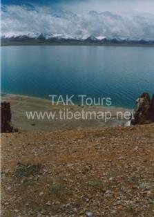 The peaceful water of Lake Namtso, photoed from the top of a hill by Namtso