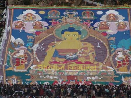 huge tangkha sunned in Tsepun monastery,Lhasa,Tibet